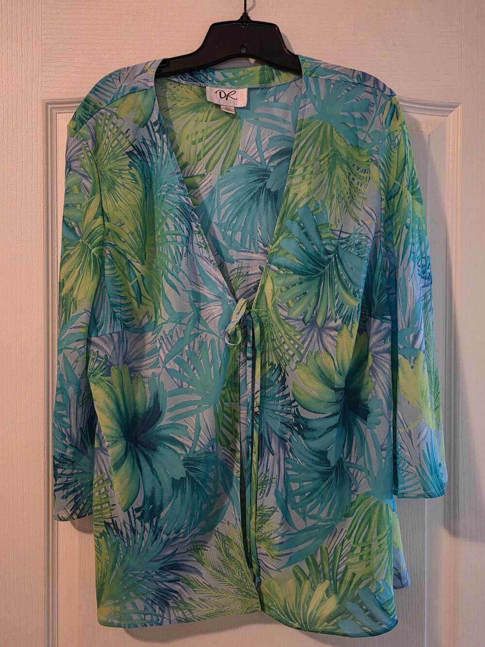 Dr Tropical Leaf Kimono Cover Up Size 20W Blue Green Tie Front